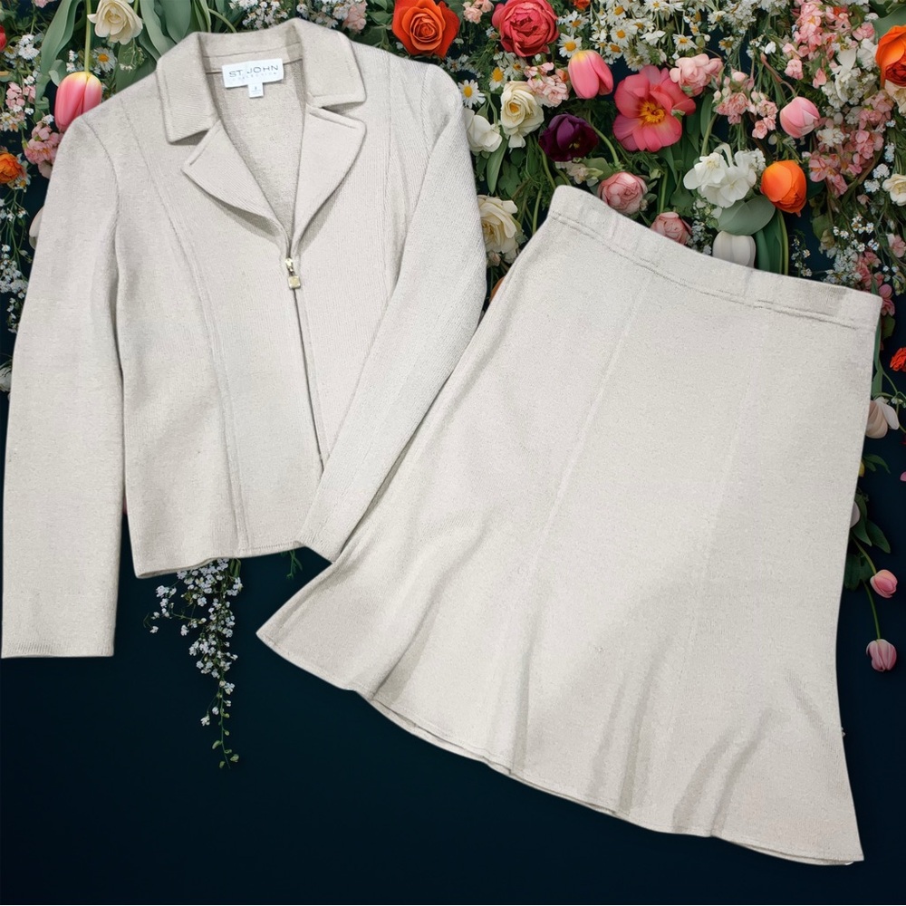 ST. JOHN Collection Santana Knit 2 Pc Suit Beige Tan Zip Jacket Skirt Size 2 & 6